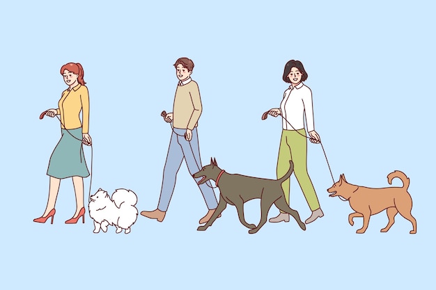 Promeneurs Avec Des Chiens En Laisse