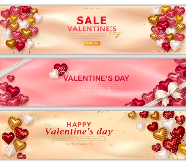 Vecteur promo saint valentin en-têtes ou panneaux d'affichage romantiques avec confettis et arc de ballons coeur brillant 3d