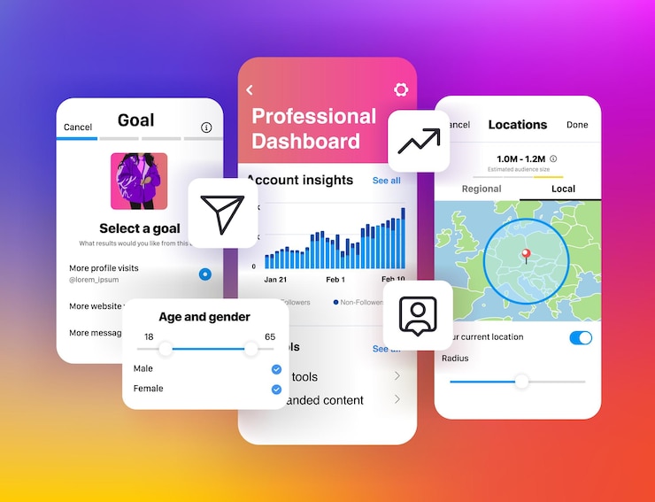 Vecteur promotion dans les réseaux sociaux. tableau de bord publicitaire instagram. interface application mobile de médias sociaux
