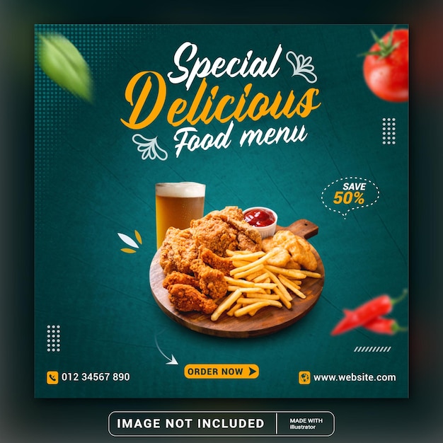 Promotion des médias sociaux alimentaires et modèle de publication de bannière instagram ou flyer carré