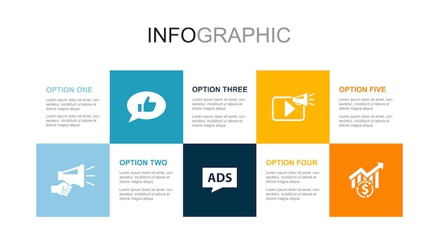 Promotion des médias sociaux Publicité vidéo promotion icônes de vente Modèle de mise en page de conception infographique Concept de présentation créative en 5 étapes