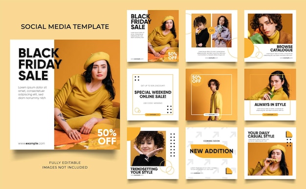 Promotion de vente de mode de bannière de modèle de médias sociaux en couleur jaune entièrement modifiable instagram et facebook poster carré puzzle affiche de vente organique