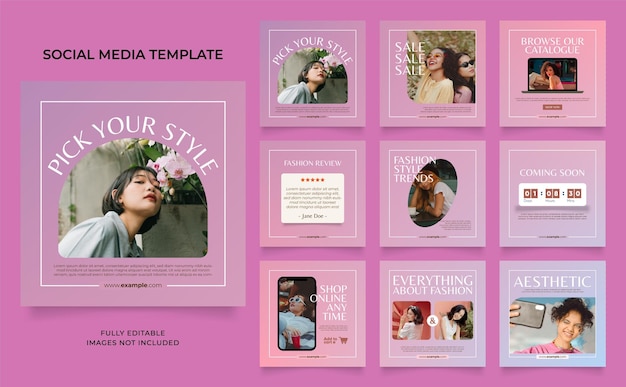 Promotion de vente de mode de bannière de modèle de médias sociaux en dégradé rose violet entièrement modifiable instagram et facebook poster carré puzzle affiche de vente organique