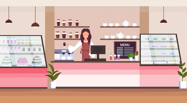 Vecteur propriétaire de café femme barista smiling woman standing behind bar counter cafeteria modern interior flat horizontal cartoon character portrait