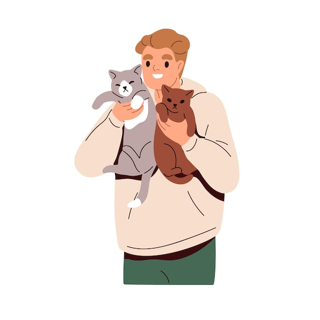 Vecteur propriétaire de chat heureux tenant deux chatons dans les bras homme souriant avec des chatons adorables et drôles dans les mains personnage masculin et animaux félins doux illustration vectorielle plate isolée sur fond blanc