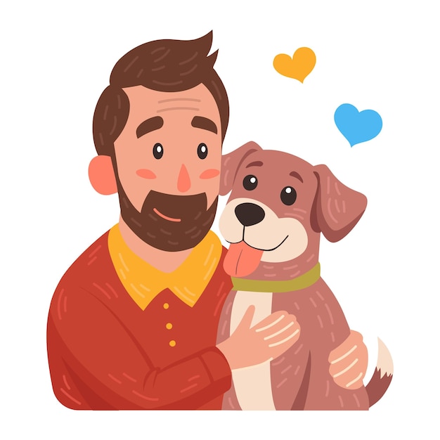 Des propriétaires d'animaux heureux Un jeune homme embrasse un chien Une illustration vectorielle plate mignonne