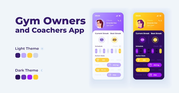 Les Propriétaires De Gymnases Et Les Entraîneurs App Ensemble De Modèles D'interface Smartphone De Dessin Animé. Modes Jour Et Nuit De La Page D'écran De L'application Mobile. Interface Utilisateur Des Membres Du Gymnase Pour L'application. écran Du Téléphone Avec Illustrations