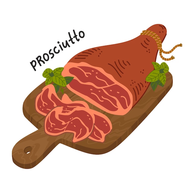 Vecteur prosciutto crudo charcuterie de viande sur une planche à découper en bois