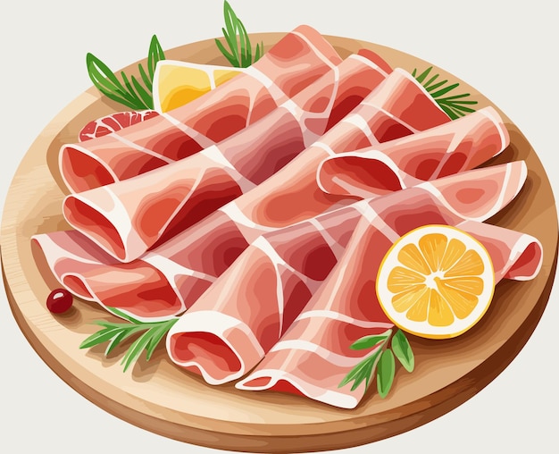 Vecteur prosciutto sur planche en bois clipart alimentaire pour la cuisine à la maison ingrédients riches en calories protéines graisse citron