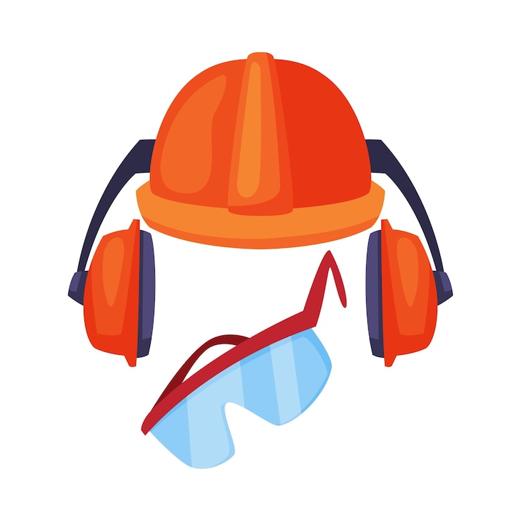 Vecteur protecteurs d'oreilles ou écouteurs avec casque et lunettes de protection illustration vectorielle