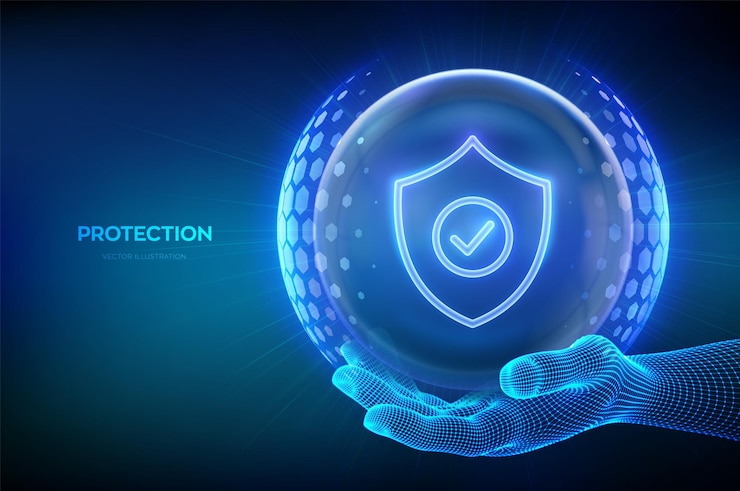 Vecteur protection cybersécurité sécurité du réseau soins de santé assurance protection bouclier avec icône de marque de contrôle à l'intérieur bouclier de sphère transparente avec motif hexagonal dans la main cadre de fil illustration vectorielle