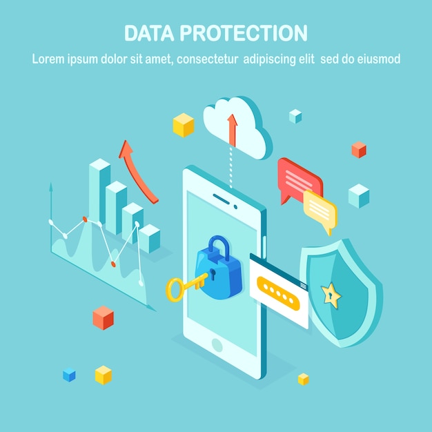 Protection des données. Sécurité Internet, accès privé avec mot de passe. téléphone mobile isométrique avec clé, serrure, bouclier, nuage, bulle de dialogue, smartphone, argent, graphique, graphique.