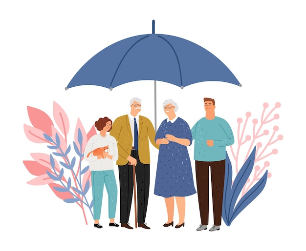 Vecteur protection de la famille. les parents âgés et les enfants restent sous grand parapluie. protection de la santé et de la vie, concept de vecteur d'assurance médicale