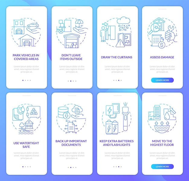 Protégez-vous contre la grêle et les inondations dégradé bleu ensemble d'écrans d'application mobile d'intégration