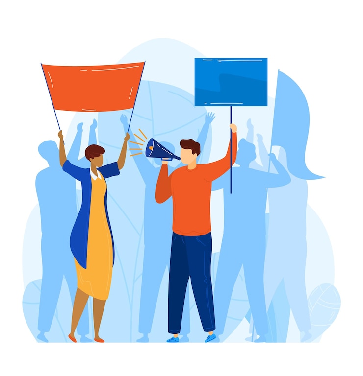 Vecteur protester les gens bannière foule groupe démonstration liberté révolution conception isolé blanc dessin animé style illustration vectorielle