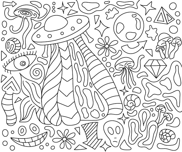 Vecteur psychedelic abstract coloring book space alien ufo champignon formes et flèches contour noir