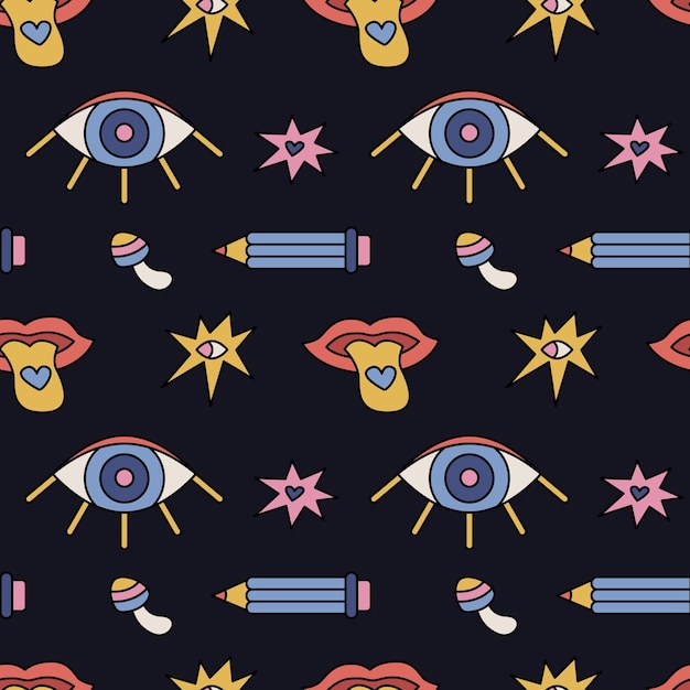 Psychédélique rave trippy modèle sans couture dessiné à la main pour l'impression avec des yeux lèvres hippie