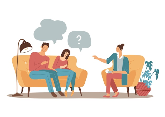 Psychothérapie de couple concept femme psychologue familiale parlant avec un homme et une femme mariés plat vec...