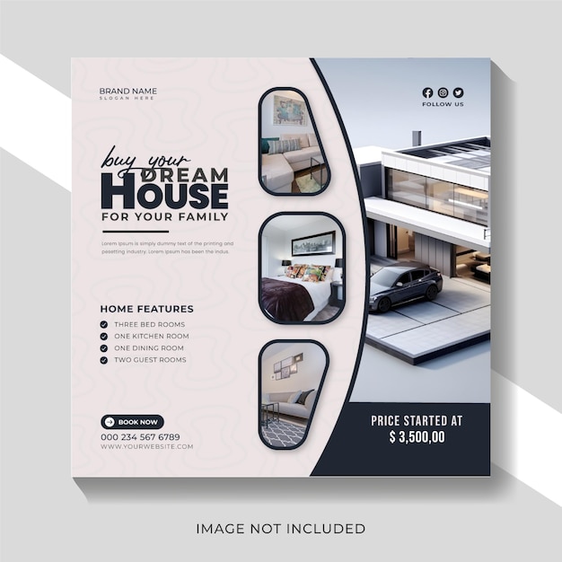 Publication, bannière et modèle de médias sociaux de maison de luxe immobilier