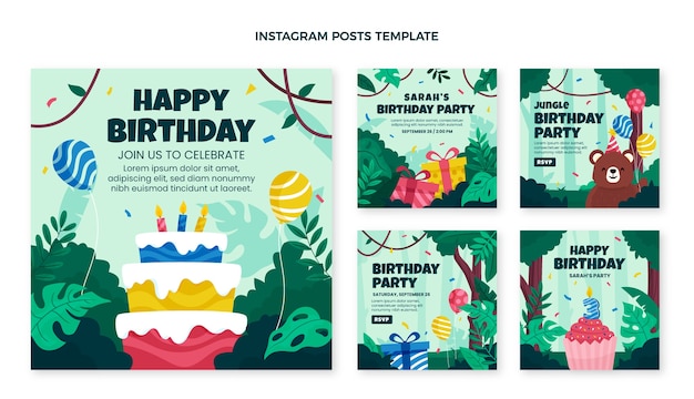 Publication instagram de fête d'anniversaire jungle design plat dessiné à la main
