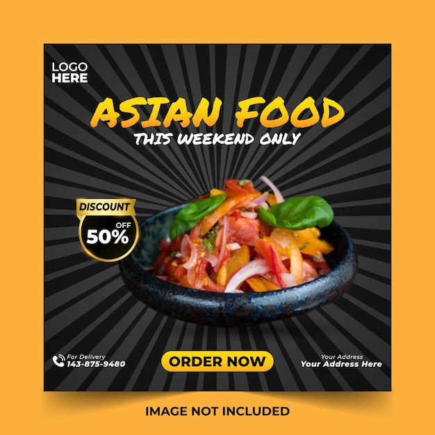 Publication sur les médias sociaux Cuisine asiatique Affiche rouge Promotion Menu de réduction Flyer du restaurant Brosse solaire noire