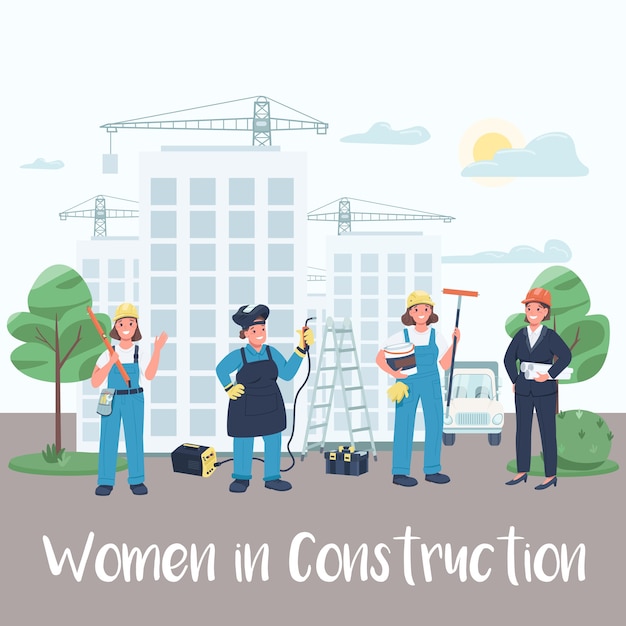 Publication Sur Les Médias Sociaux Des Ouvrières Du Chantier De Construction. Les Femmes Dans La Phrase De Construction. Modèle De Conception De Bannière Web.