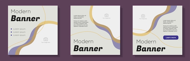 Publication moderne sur les médias sociaux, ensemble de bannières, concept de publicité plate minimale, couleur violette, jaune