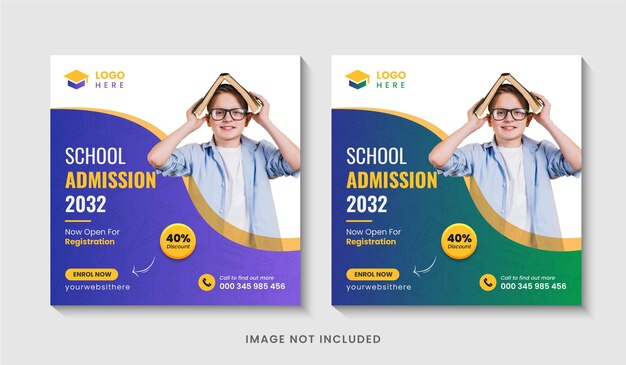 Vecteur publication sur les réseaux sociaux d'admission à l'école ou modèle de bannière web de retour à l'école ou conception de flyer carré