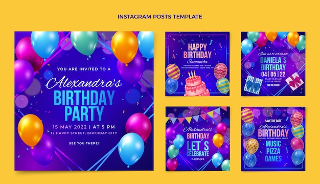 Vecteur publications instagram d'anniversaire colorées dégradées