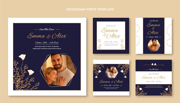 Vecteur publications instagram de mariage d'or de luxe