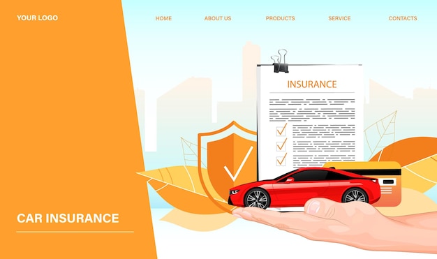 Publicité d'assurance automobile avec bouclier orange automobile rouge et feuilles Site Web avec des liens vers le service de produit d'accueil à propos de nous contacter Concept de protection du véhicule Illustration vectorielle