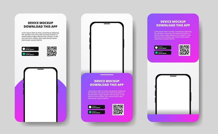 Publicité sur les bannières d'histoires de médias sociaux pour le téléchargement d'une application pour téléphone mobile, maquette d'appareil double smartphone 3D avec dégradé violet moderne. Télécharger les boutons avec le modèle de code qr scan.