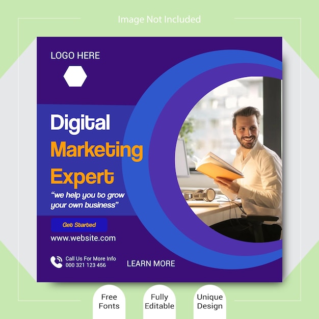 Vecteur une publicité bleue et violette pour un expert en marketing numérique