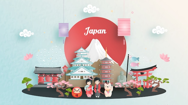 Publicité de voyage avec concept de voyage au Japon avec le célèbre monument japonais