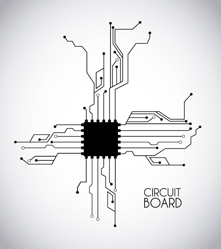 Vecteur puce et circuit sur illustration vectorielle fond blanc