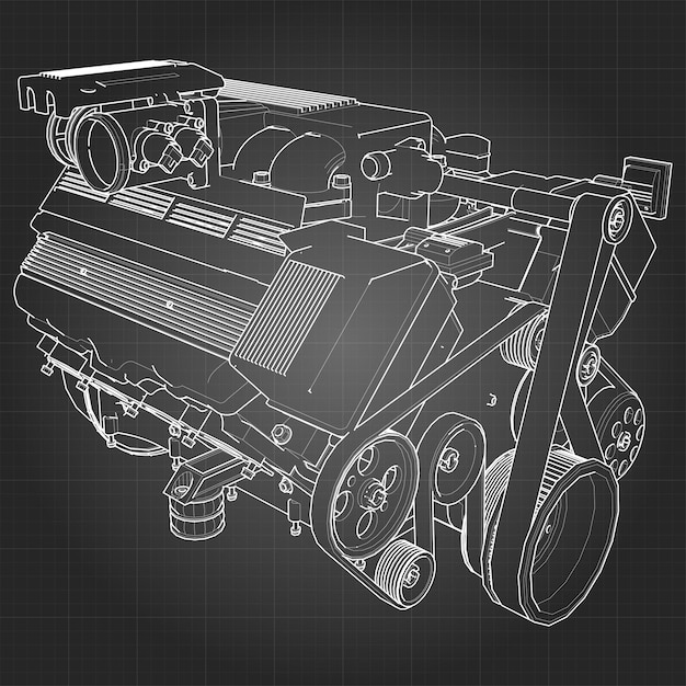 Vecteur puissant moteur de voiture v8. le moteur est dessiné avec des lignes blanches sur une feuille noire dans une cage.