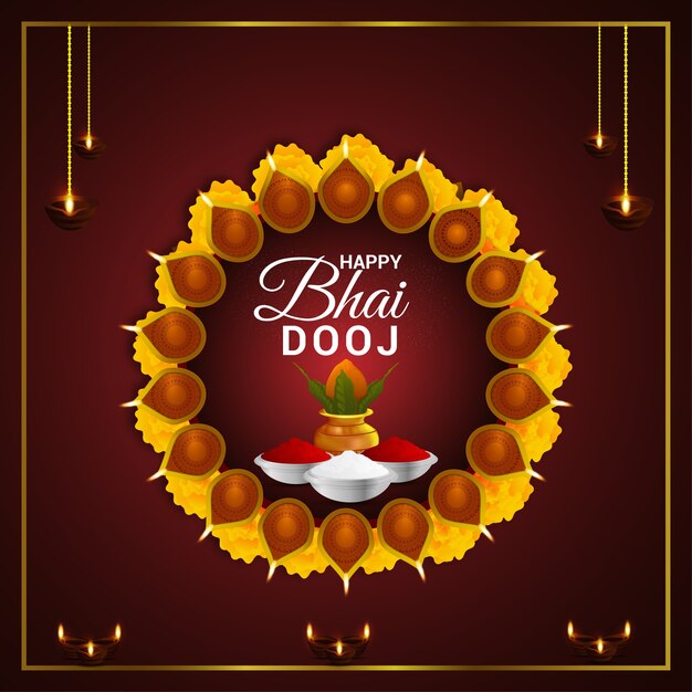 Puja Thali Créative Avec Kalash. Fond De Célébration Joyeux Bhai Dooj