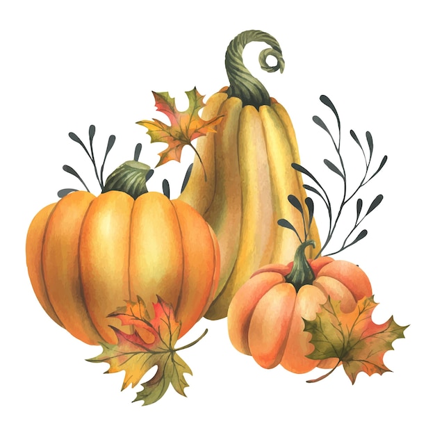 Pumpkins d'automne orange avec feuilles d'érable et brindilles illustration à l'aquarelle dessinée à la main isolée