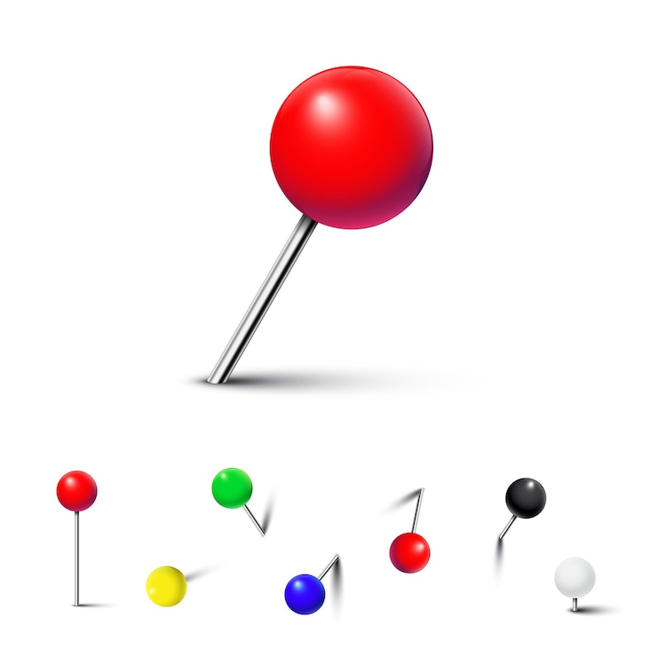 Vecteur punaises de couleur différente isolés sur fond blanc.