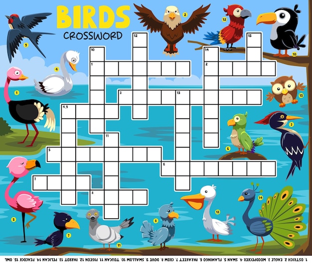 Puzzle de mots croisés de jeu d'éducation pour apprendre des mots anglais avec une feuille de travail imprimable d'image d'oiseaux de dessin animé mignon