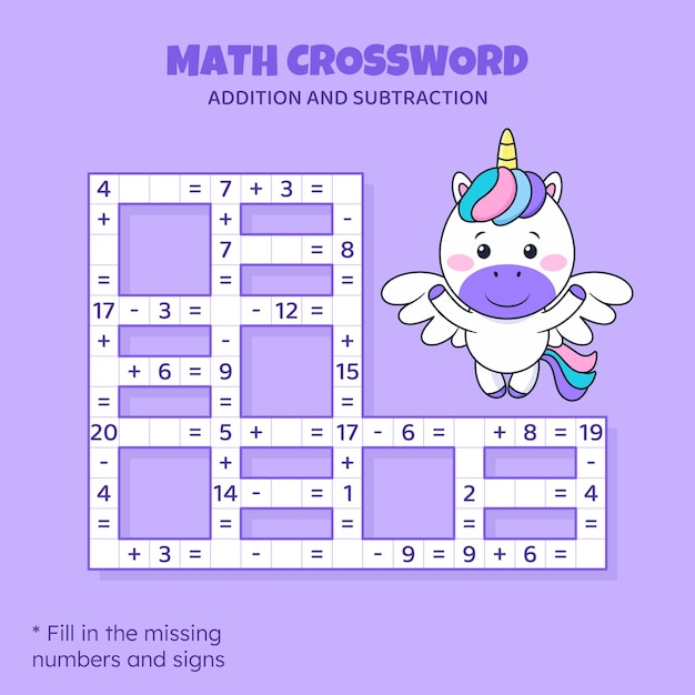 Vecteur puzzle de mots croisés mathématiques pour enfants addition et soustraction comptage jusqu'à 20 jeu pour enfants vecteur