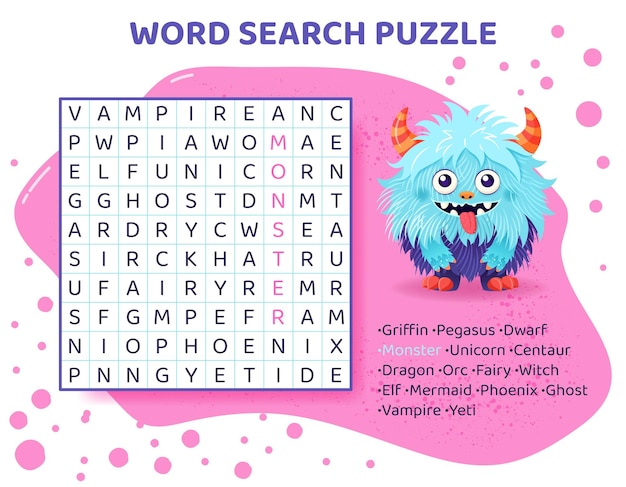 Puzzle De Recherche De Mots Avec Des Animaux Mythiques Des Créatures Magiques Jeu éducatif Pour Enfants Apprendre