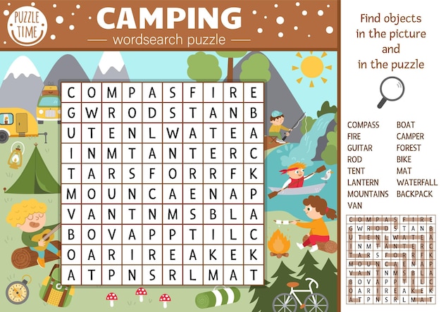 Puzzle De Recherche De Mots De Camping Vectoriel Pour Les Enfants Mots Croisés De Camp D'été Simple Avec Scène De Forêt Pour Les Enfants Activité De Mot-clé éducatif Avec Les Enfants Pêche Randonnée Jouant De La Guitare Xa