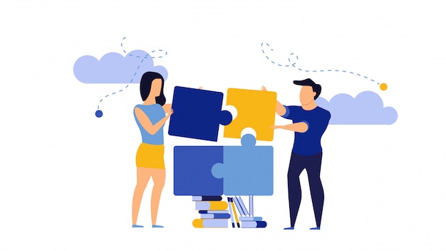 Puzzle Travail D'équipe Homme Et Femme Communication Partenariat Entreprise. Les Gens Travaillent Avec Le Concept De Livres