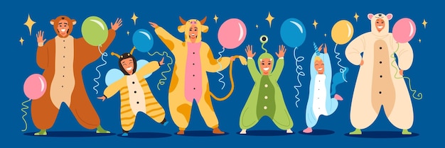 Pyjama Kigurumi composition colorée six personnes posant en costumes d'animaux avec des ballons dans leurs mains illustration vectorielle