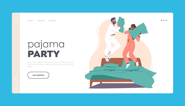 Pyjama Party Landing Page Template People Fun Fooling Rejoice At Home Family Characters Fight On Pillows