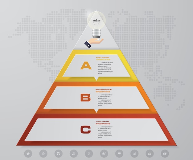 Vecteur pyramide en 3 étapes avec espace libre pour le texte à chaque niveau.