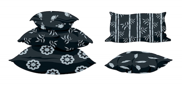 Pyramide d'oreiller noir, dessin animé plat serti de motif décoratif. Coussin carré doux foncé pour lit, canapé