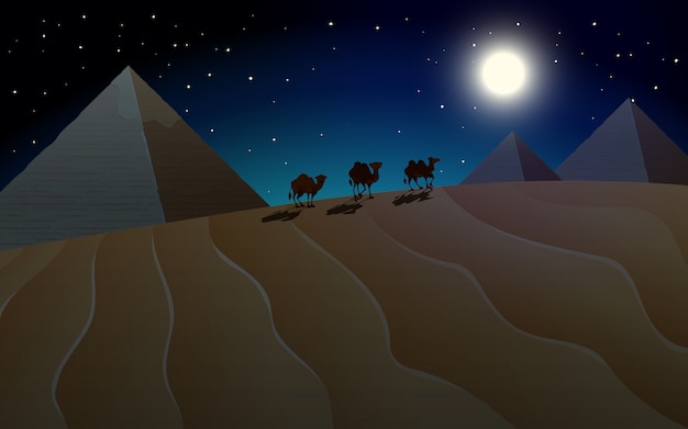 Pyramide et scène de chameau la nuit