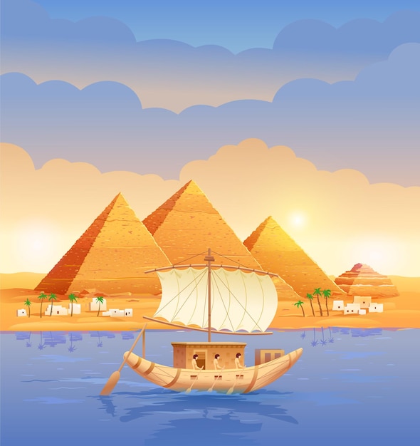 Pyramides d'Egypte Pyramides égyptiennes dans la soirée sur la rivière. Pyramide de Khéops au Caire à Gizeh Un bateau naviguant au-delà de l'illustration des pyramides